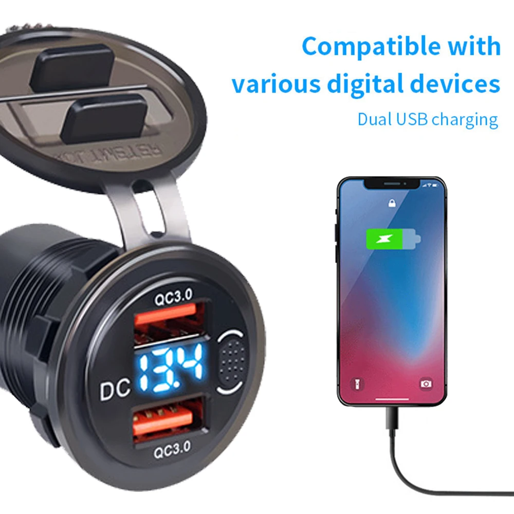 QC 3.0 Car Charger Dual USB Socket Waterproof With Voltmeter Switch Quick Charge Adapter 12/24V Cigarette Lighter