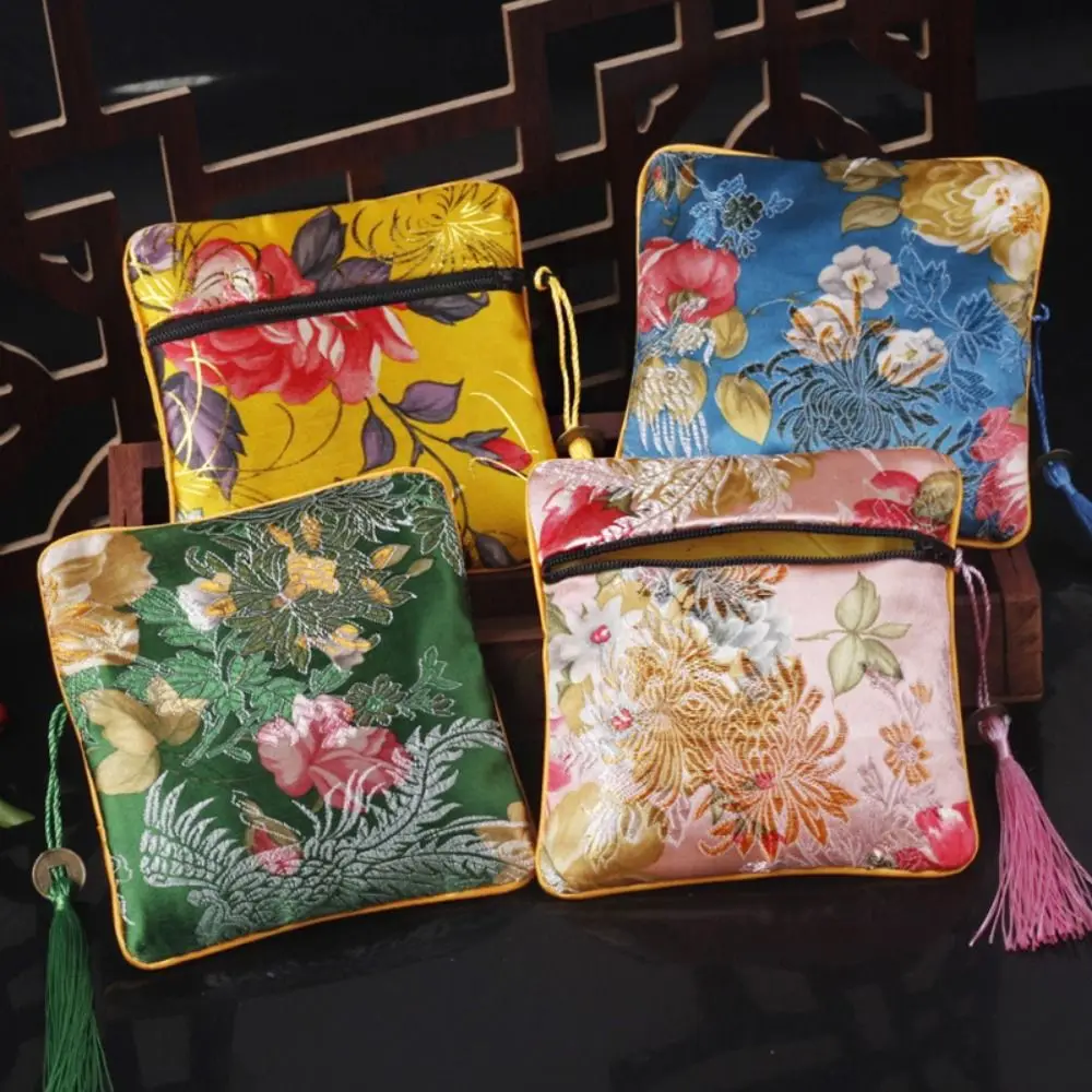 Cloth Embroidery Coin Pouch Flower Copper Cash Pendant Cloth Wallet Embroidered Jewelry Case Tassel Jewelry Storage Bag Girl