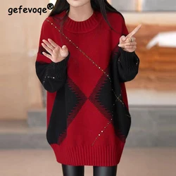 Women Contrast Color Patchwork Rivet Chic Thick Kintted Sweater Fall Winter O Neck Long Sleeve Loose Pullover Tops Tunic Jumper