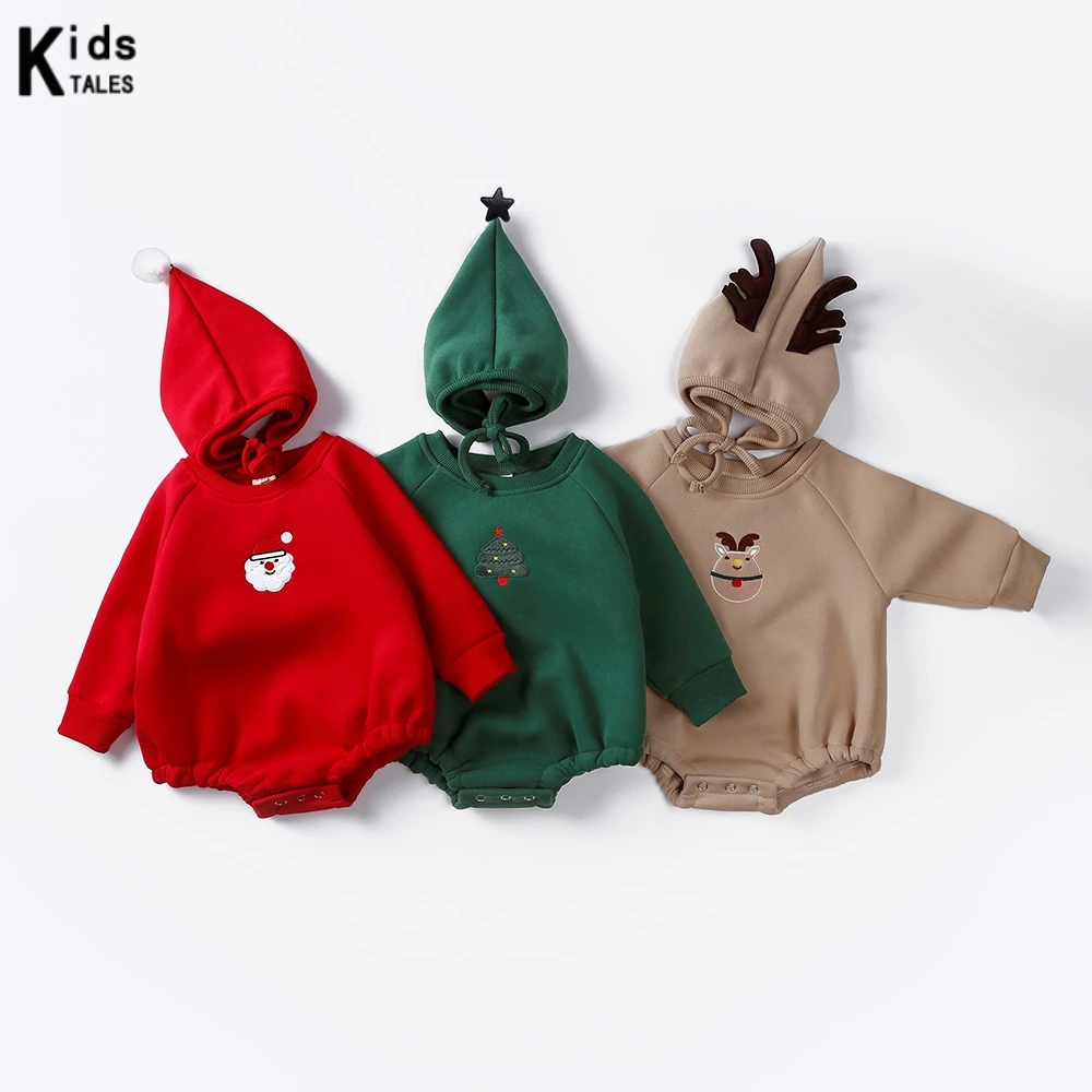 2024 Christmas Costumes Newborn Clothes Baby Romper+Hat Winter Cotton Embroidery Thicken Fleece Toddler Jumpsuit Infant Gift