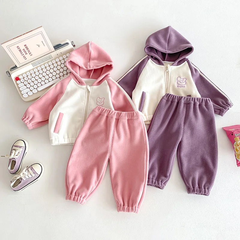 Winter Korean Baby Girls 2PCS Clothes Set Fleece Cartoon Striped Hoodies Solid Warm Pants Suit Toddler Girls Tracksuit