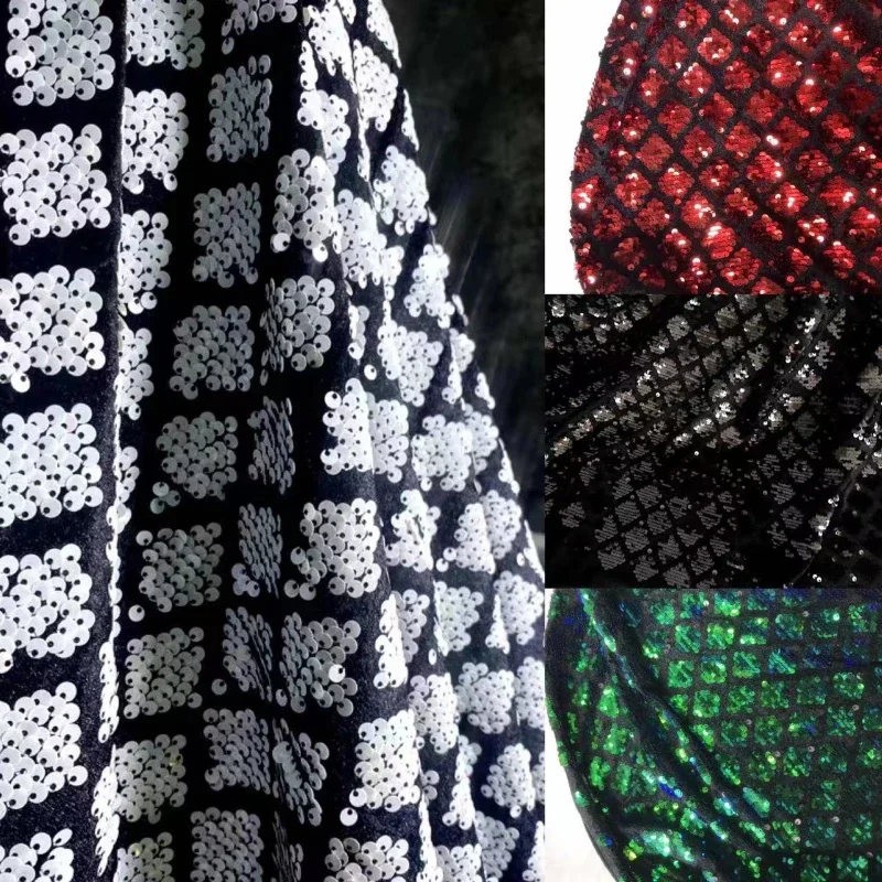 

Sequin Fabric Velvet Bottom Diamond Chec Kered Dress Performance Clothing Diy Sewing Cloth By Meters Material