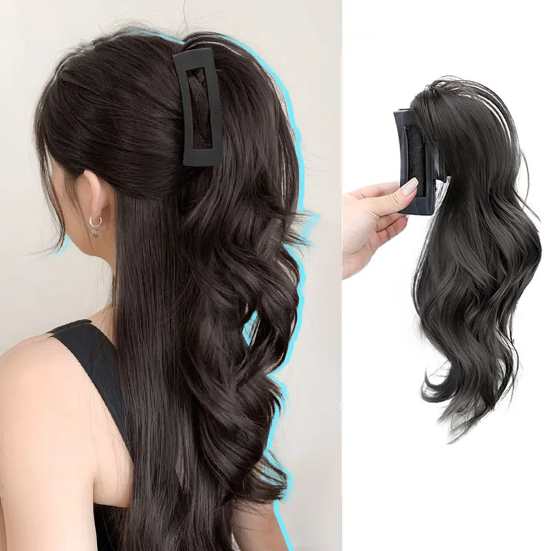 

Fashion 30cm Long Hair Braid Shark Clip Waterfall Fountain High Ponytail Curly Wig for Women