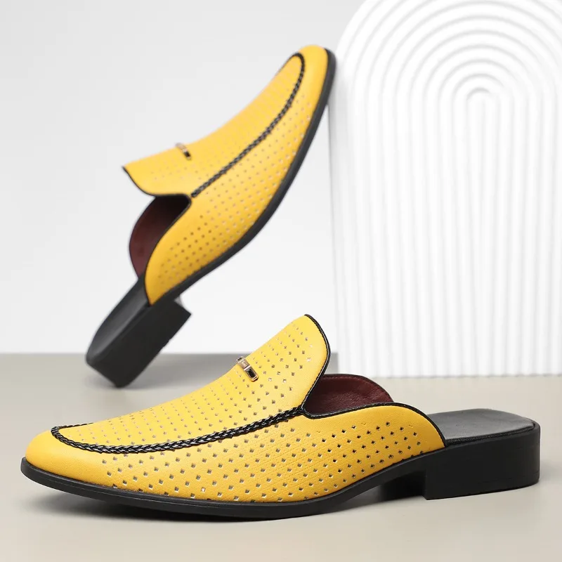 

2025 Hot Selling New Men's Yellow White Black Half Slippers Driving Shoes Casual Patent Leather Mules Loafers Zapatos