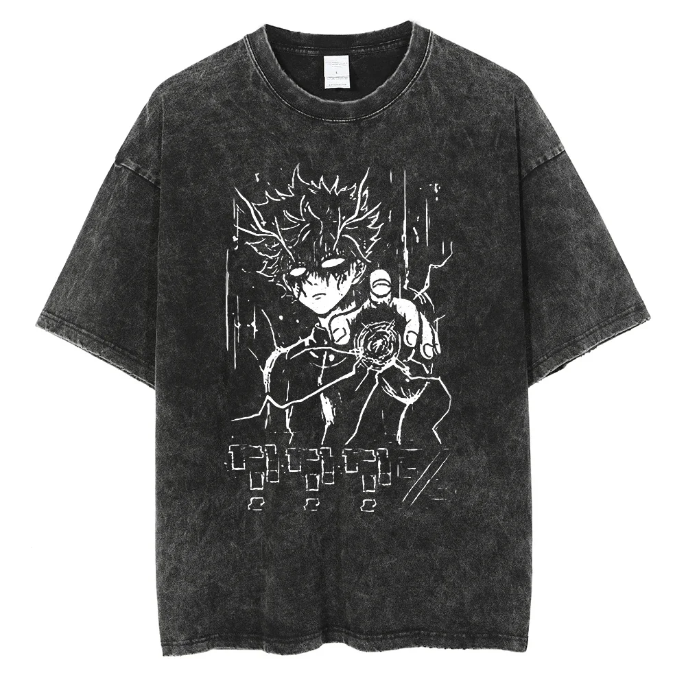 Men Casual Washed Oversized T-Shirt DTG Harajuku Streetwear Hip Hop Boys Anime Graphic T Shirt Retro T-Shirt Loose Cotton Black