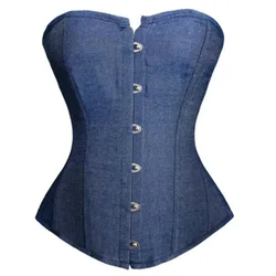 Denim Corset Top Body Shaper Women Bustier Plus Size Overbust Sexy Lace up Lingerie Vintage Gothic Fashion Blue