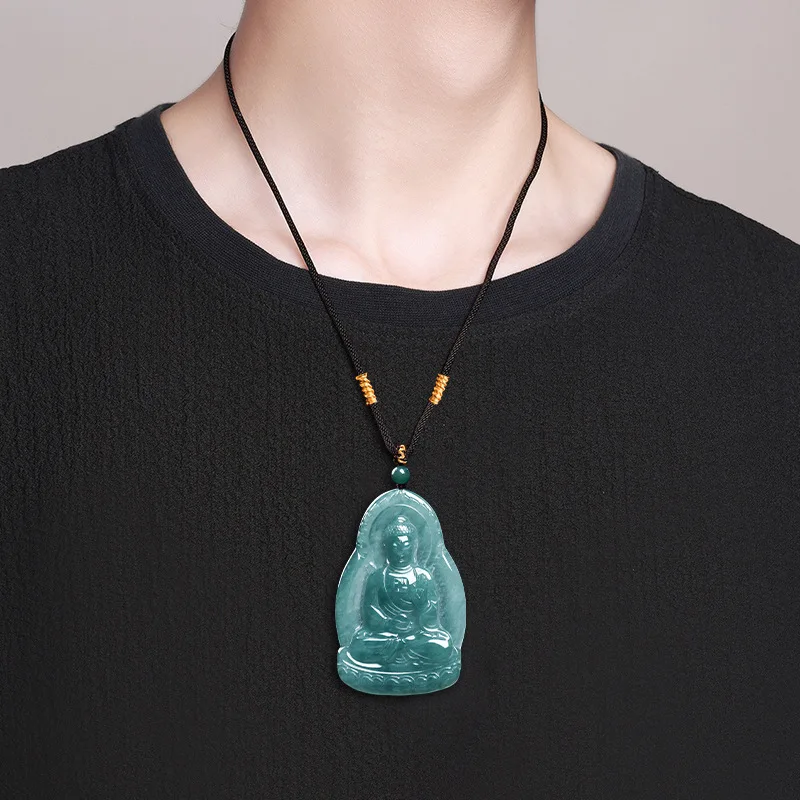Natural A-Grade Blue Water Jade Amitabha Buddha Pendant Fashionable High-End Jewelry For Men Women's Gifts Drop Shipping