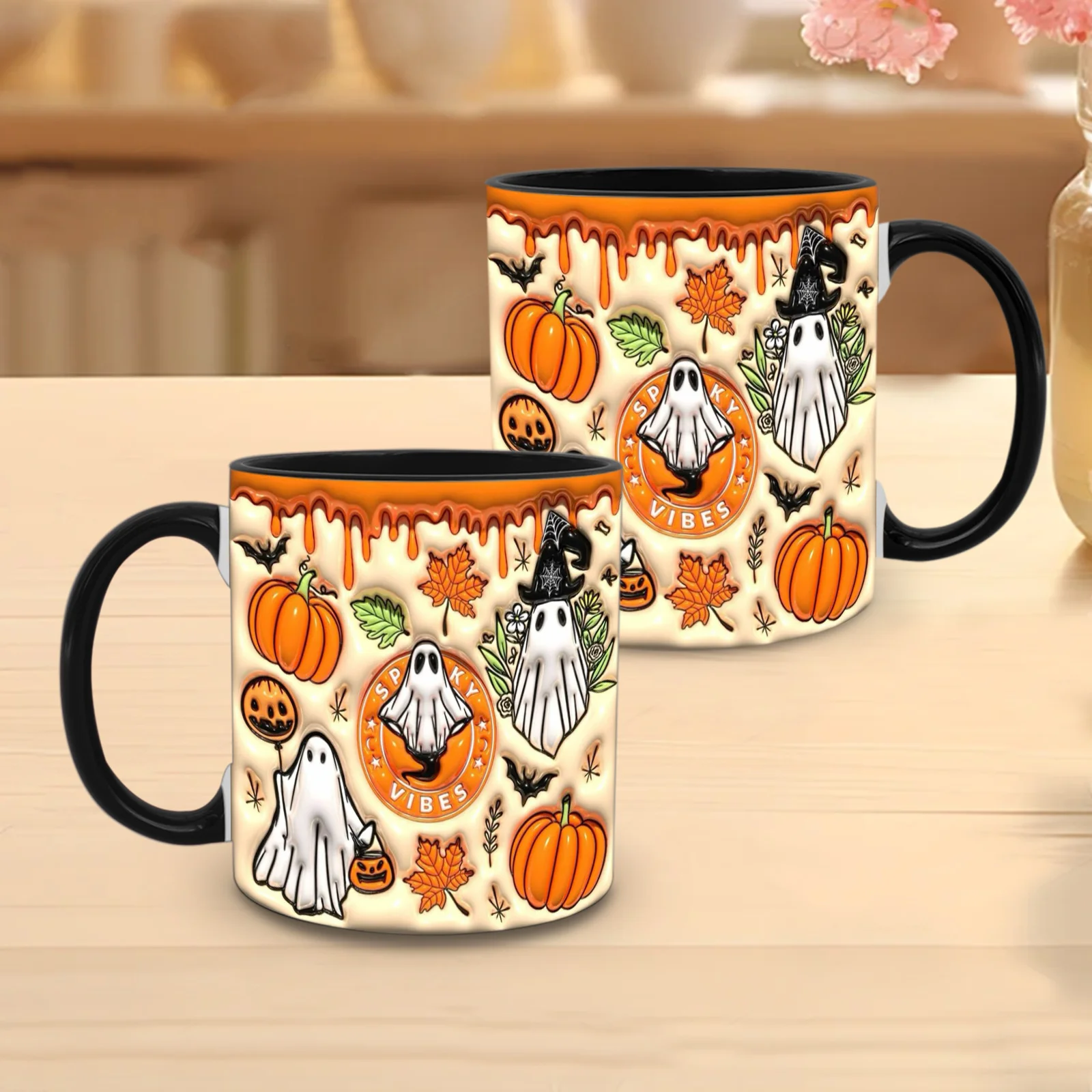 1pc Spooky Vibes Halloween Ceramic Mug- 11oz White& Black Cup with Witches, Bats, Pumpkins& Cobwebs- Durable Coffee Cup for S, Office, Parties- Perfect Gift for Tea, Cocoa, Hot Drinks, Halloween Decorations, Halloween Mug, Halloween Mugs, Coffee Mug