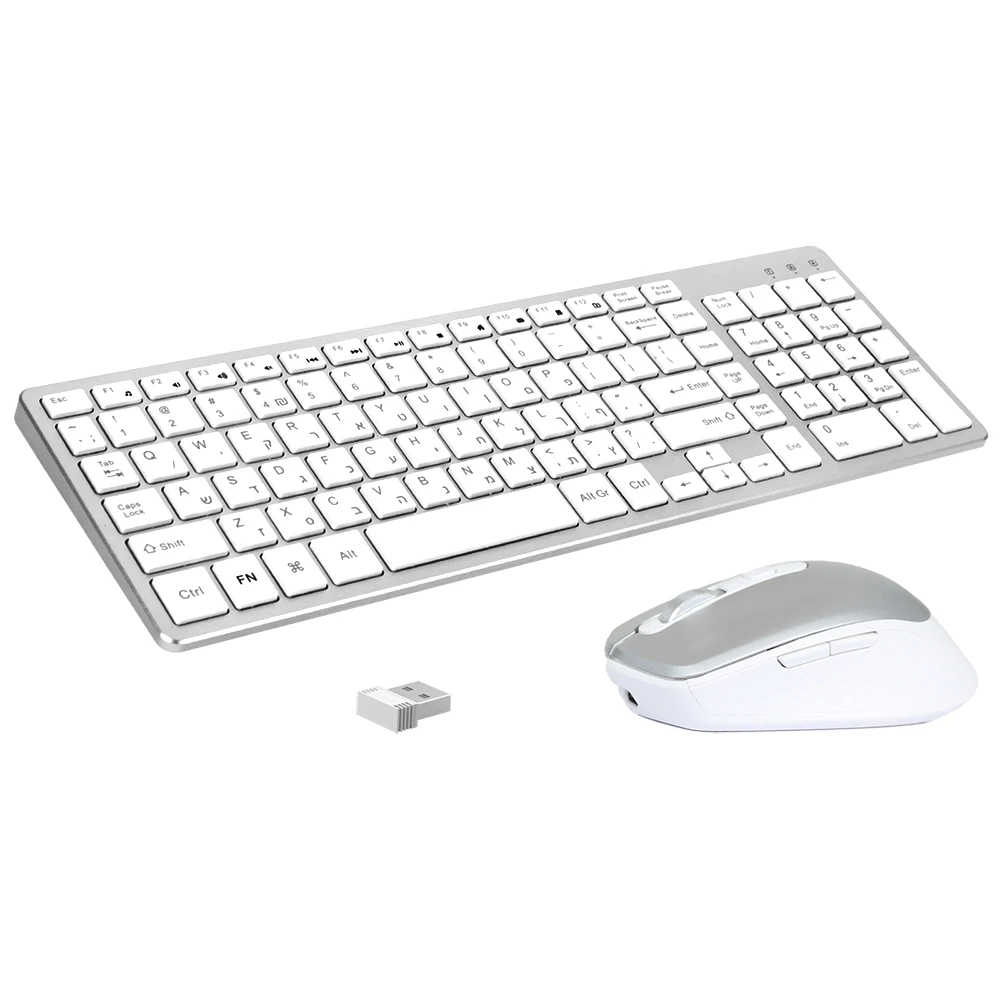 Hebrew Wireless Keyboard and Mouse Rechargeable Slim Silent Computer Keyboard Mouse Kit for Laptop PC Mac TV Box