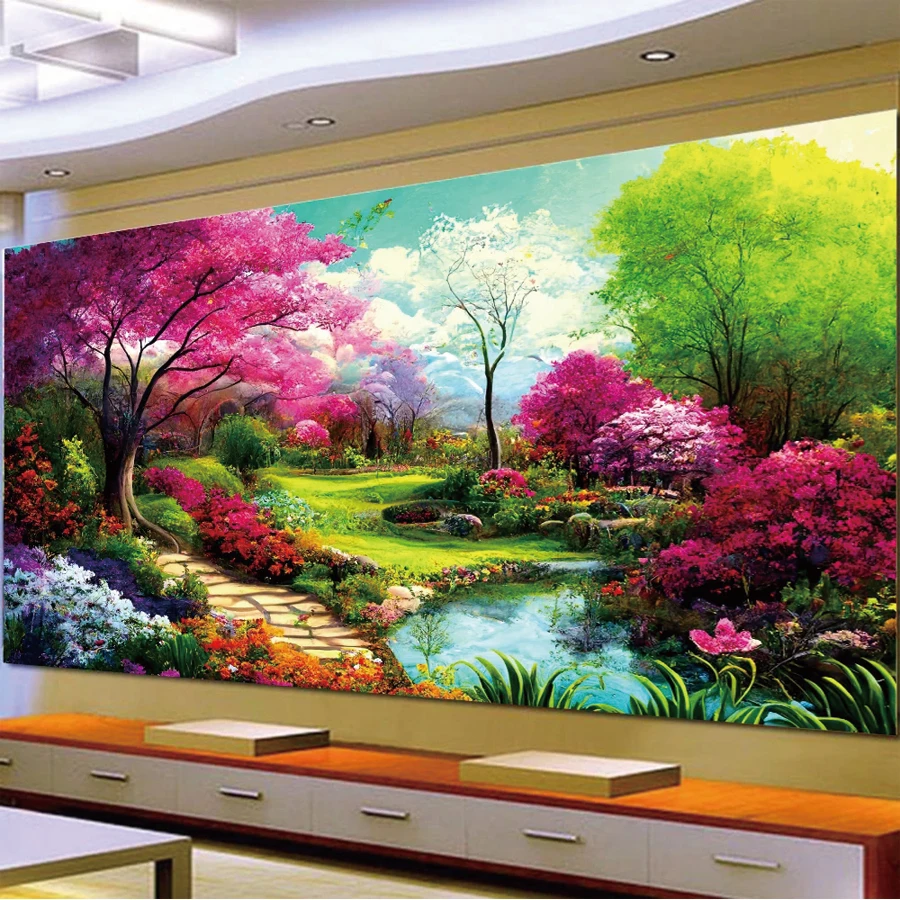 5D Diamond Painting spring garden landscape Full Diamond Embroidery Mosaic pink Cherry blossom tree view Cross Stitch Home Decor