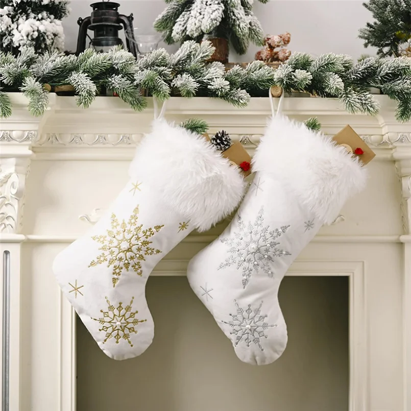 

White Plush Stamping Gold Silver Embroidery Snowflake Christmas Stocking Merry Christmas Decor For Home Xmas Gift Socks For Kids