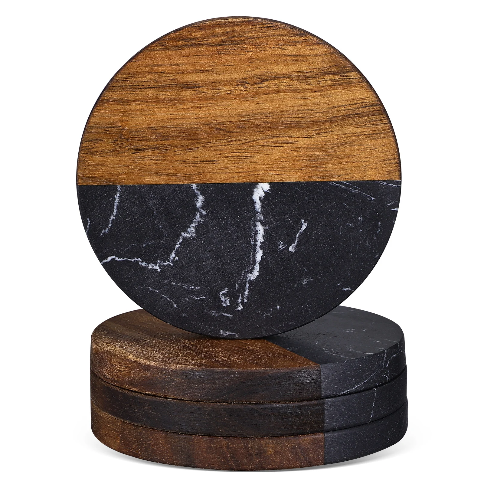 

4pcs Resin Cup Coasters Set, Half Marble Half Wood Design, Heat Insulation Non-Slip Tabletop Protection, Round Drink Coasters