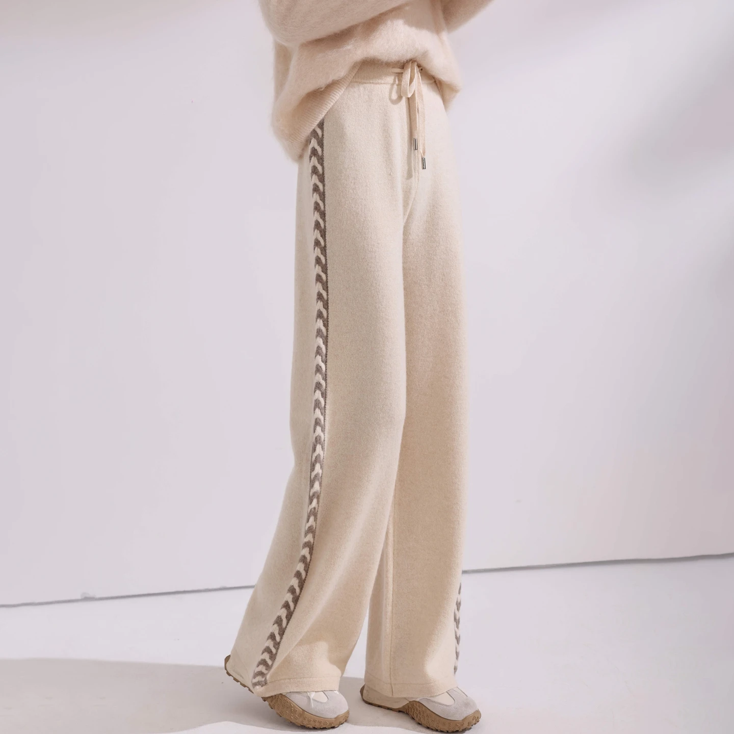 Autumn/Winter 100% Merino Wool Pants Women's Fashion Color blocked Diamond Block Knitted Pants Fashion Cashmere Wide Leg Pants