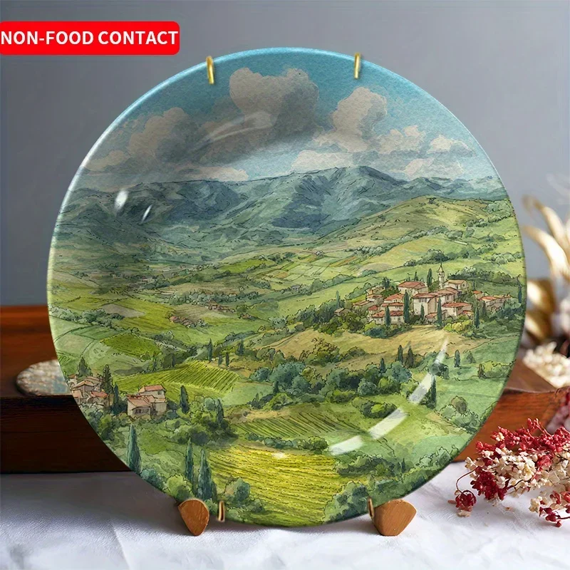 1pc Hand-Painted Ceramic Decorative Plate - Countryside Landscape Village Scene with Rolling Hills, Farmhouses & Cypress Trees