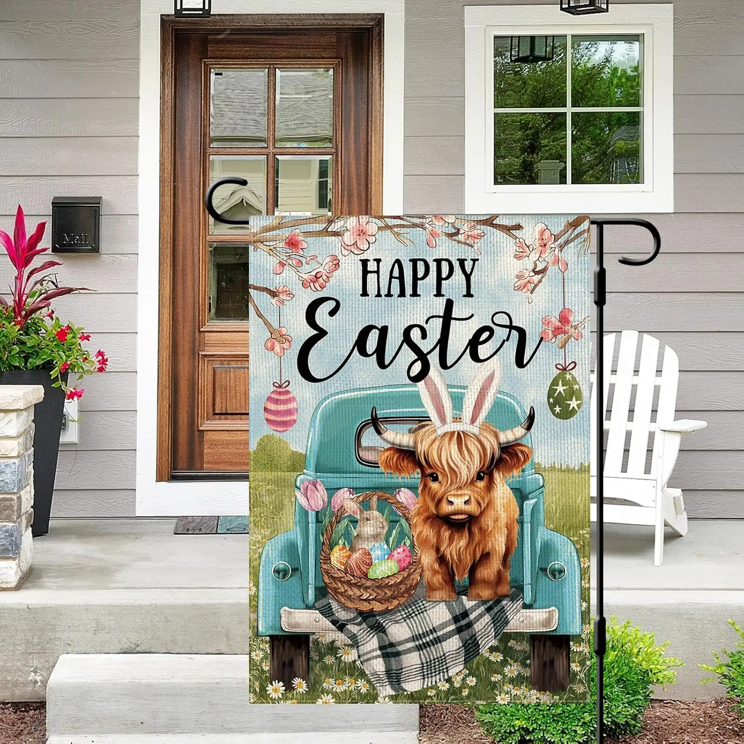 DLZDN Easter Highland Cow Truck Garden Flag 12×18 Inch Double Side Vertical Burlap Farmhouse Yard Sign Spring Holiday Outdoo IIC