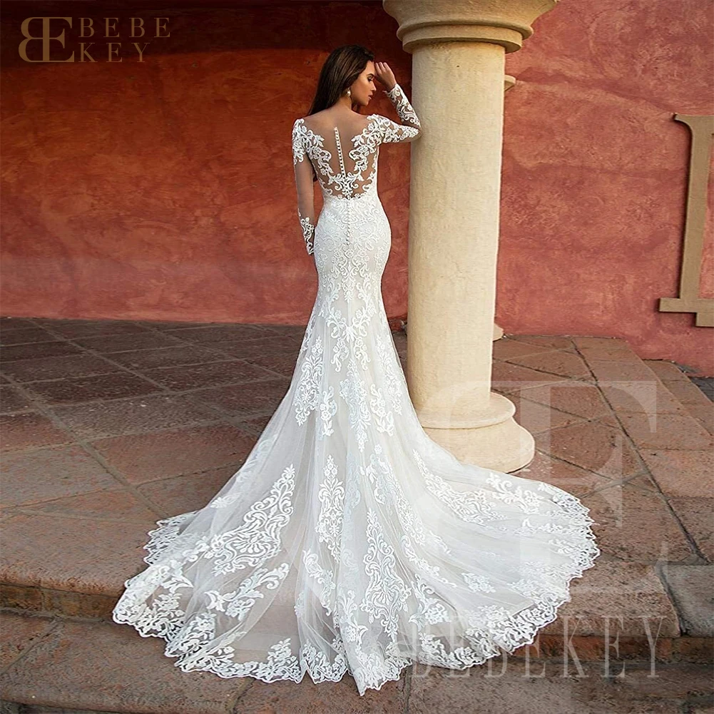 BEBEKEY Elegant Long Sleeve Lace Wedding Dress Appliques Mermaid Bride Gown Customizable Formal Party Dress Robe