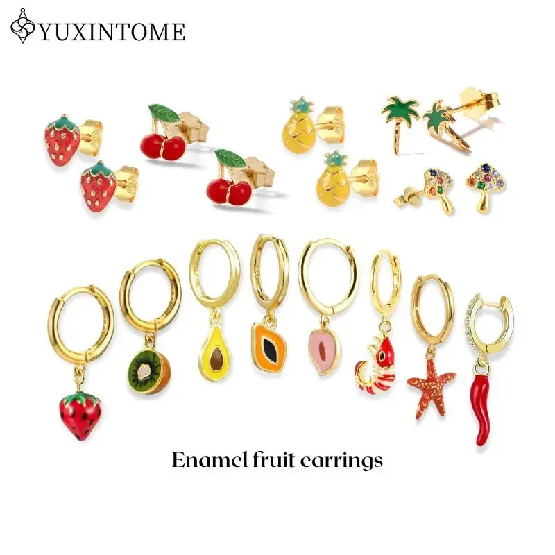 925 Sterling Silver Ear Needle Enamel Dripping Oil Fruit Seriesp Pendant Hoop Earrings Cute Girls Birthday Gift Fashion Jewelry