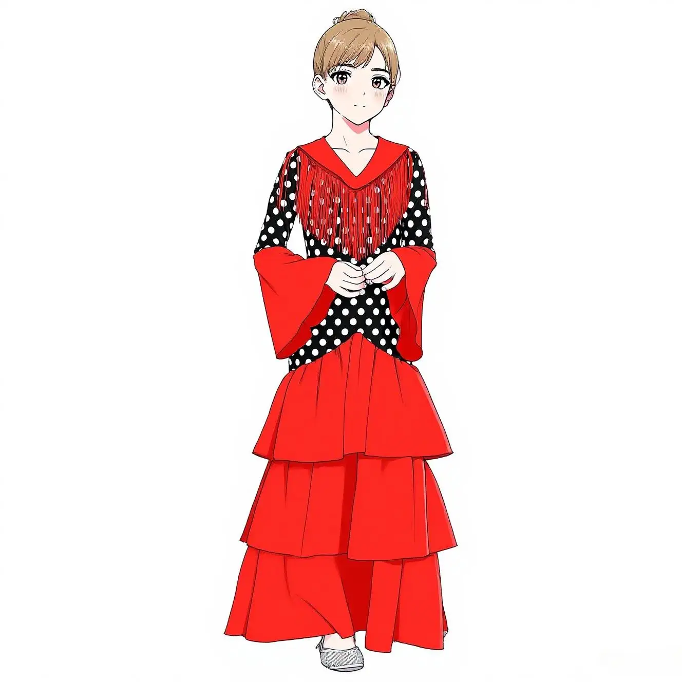 

Kids Girls Flamenco Dance Dress Performance Costume Flared Sleeve Tiered Ruffle Dress Polka Dots Print Dress Spanish Dancewear