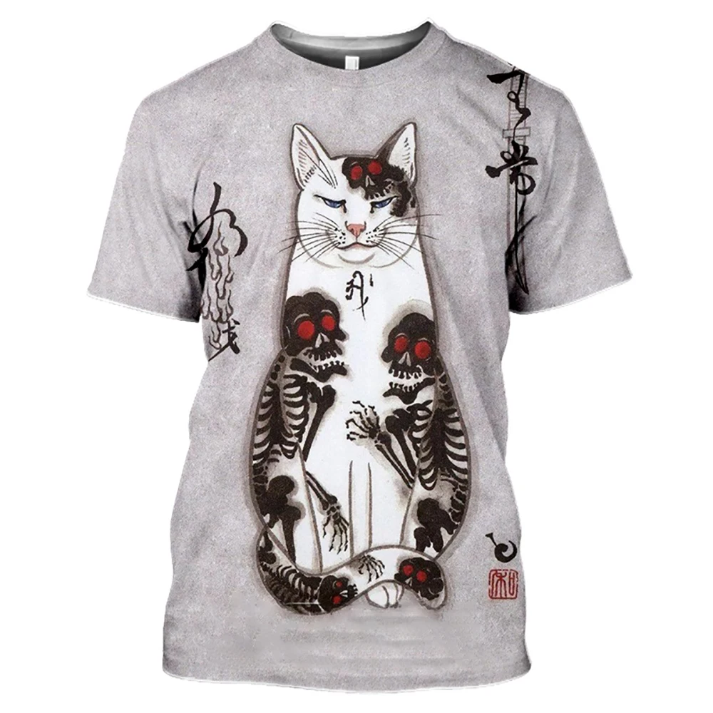 Summer Hot 3D Printed Japanese Tattoo Samurai Pattern Cat Men\'s T Shirt Retro Harajuku O Neck Short Sleeve Oversized Loose Top