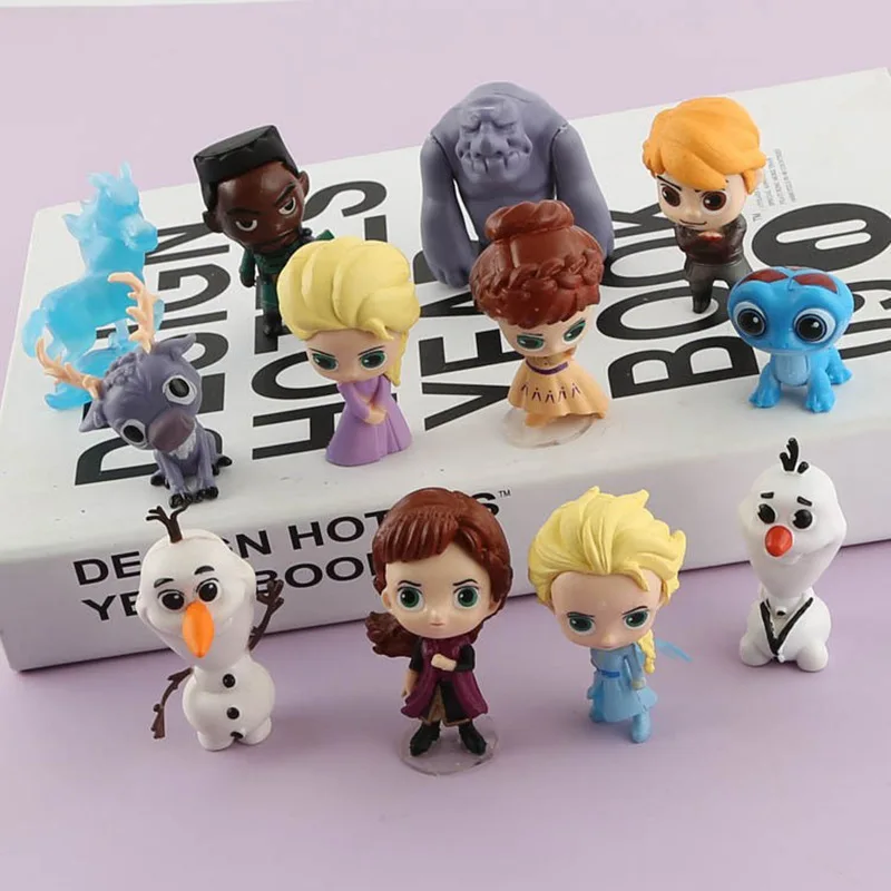 12Pcs Disney Movie Frozen 2 Elsa Anna Kristoff Olaf Fire Elves Action Figure GK Model Ornament Toys Kids Xmas Birthday Gifts