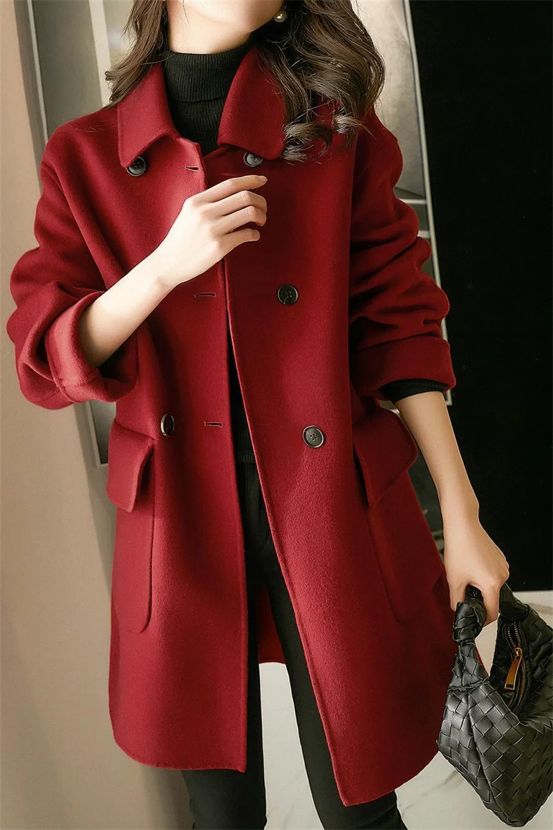 

2025 Winter New Woolen Double breasted Flip Collar Fashion Coat Korean Edition Thickened Cotton Jacket Warm Nizi Coat for Women