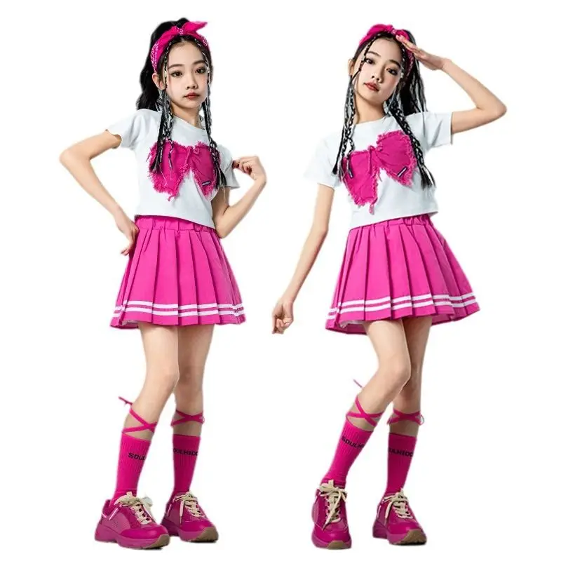 

Girls Hip Hop Crop Top Sweet Bow knot Tshirt Cargo Pants Kids Streetwear Children Jazz Dance Costume Cheerleading Clothes Sets