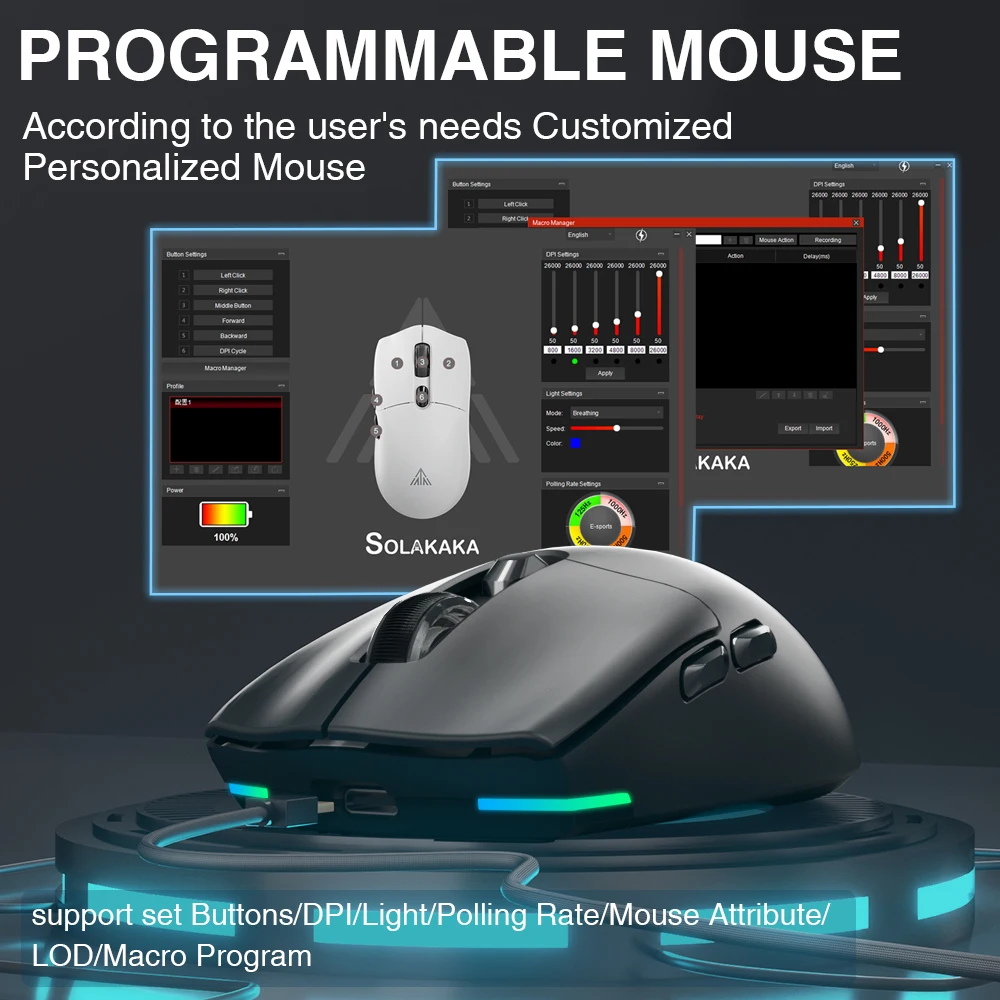 SOLAKAKA SM800 2.4GHz Wireless Bluetooth Gaming Esports Mouse 26000DPI 7 pulsanti PAW3395 Mouse per Computer per Desktop portatile da gioco