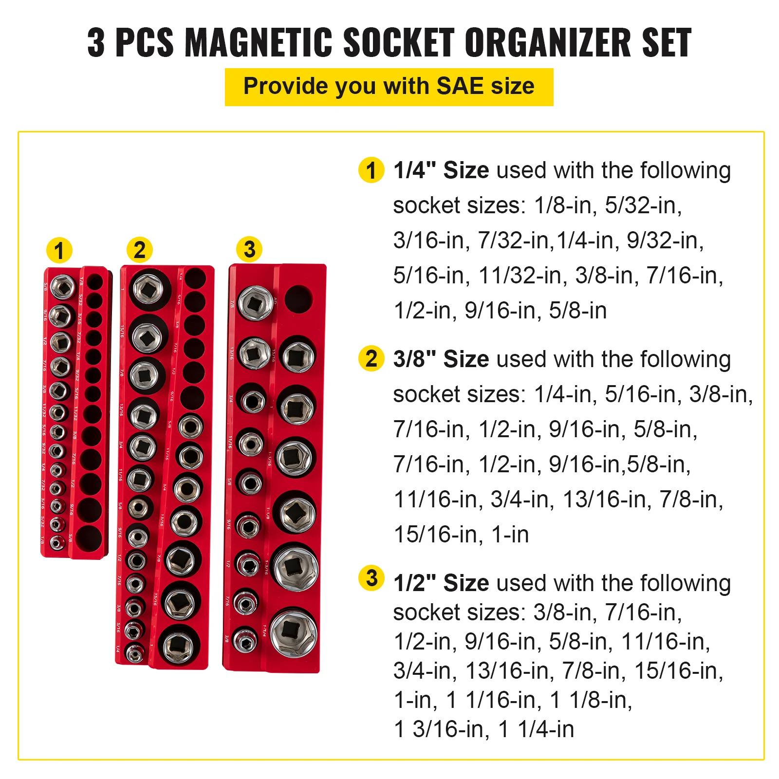 VEVOR 3 упаковки SAE магнитные органайзеры для гнезд 1/2 дюйма 3/8 дюйма 1/4 дюйма держатели для гнезда привода инструменты органайзер для хранения гнезд