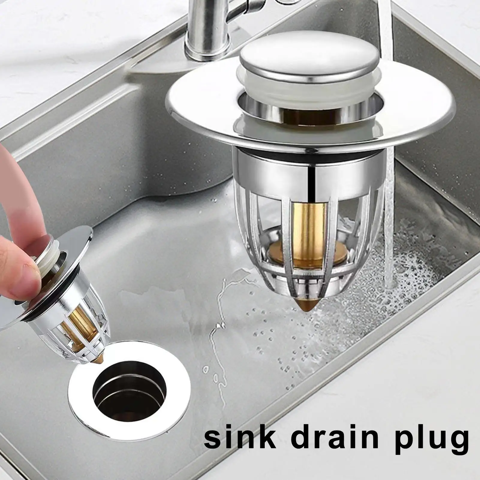 Universal Rebound Drain Plug Filter Basin Pop-up Chrome Sink Filter with Hair Catcher Bathroom Sink Drain Stopper Easy Push Type