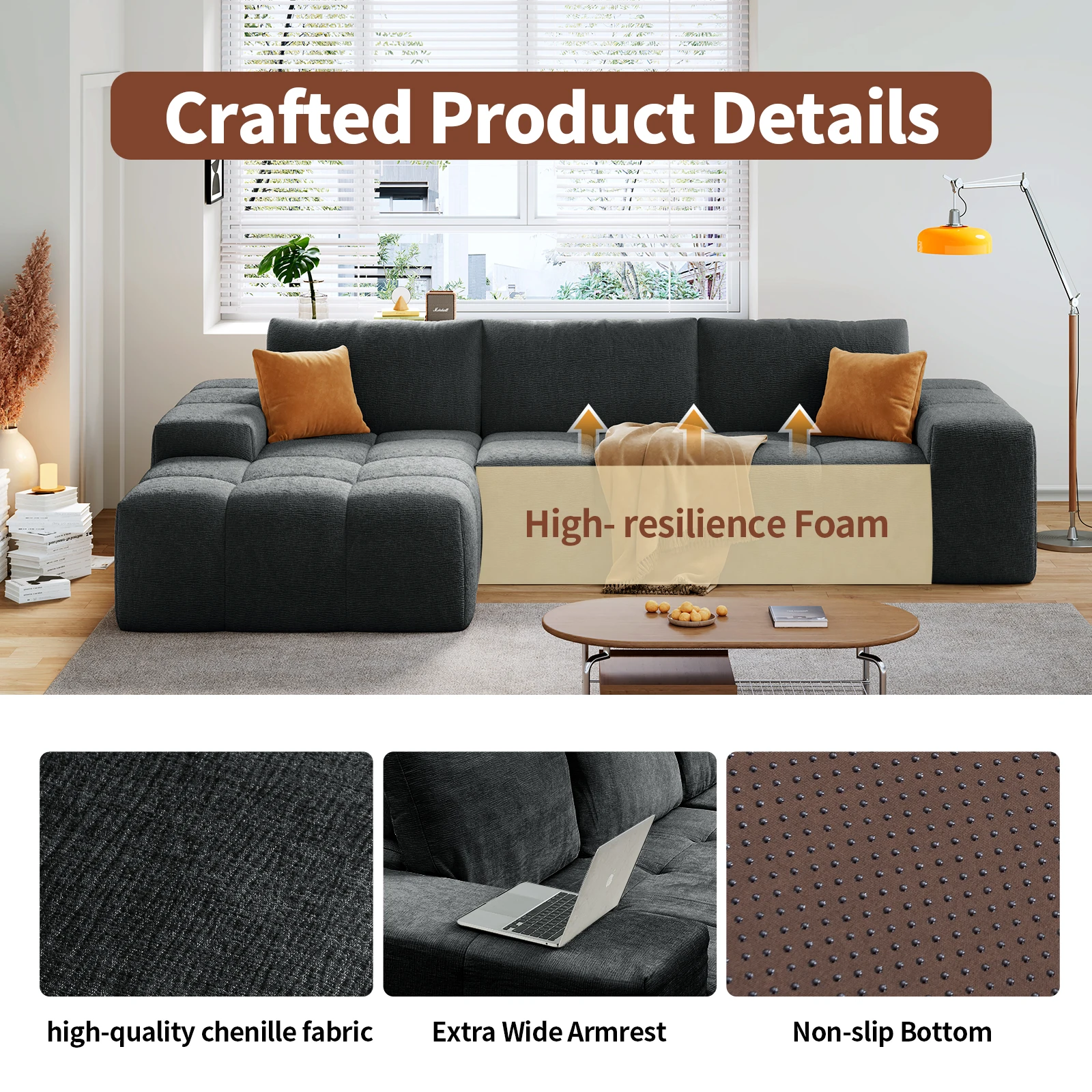 Canapé sectionnel moderne en forme de L, canapé de salon modulaire, rembourrage en tissu, design contemporain pour salon, bureau (gauche