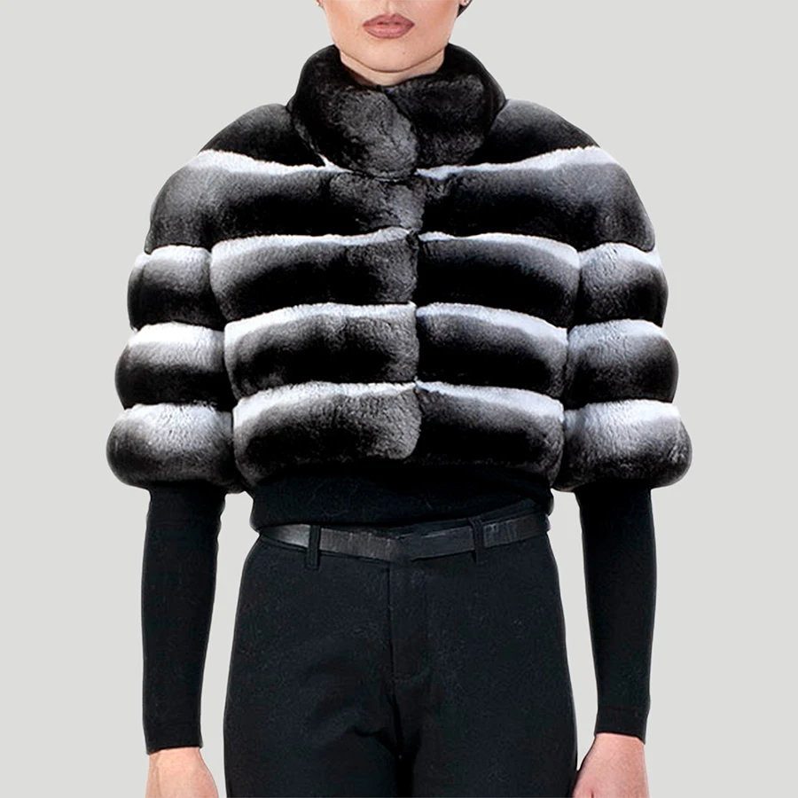 Real Rex Rabbit Fur Coat Women's Winter Jacket Horizontal Rex Rabbit Bolero With Cropped Sleeves Luxury Rabbit Fur Coats