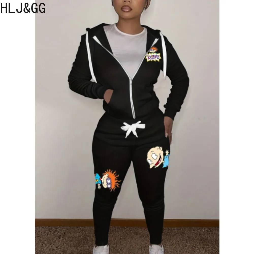 HLJ&GG Autumn Winter Casual Pattern Print Hooded Tracksuits Women Zipper Long Sleeve Top And Jogger Pants Two Piece Sets Outfits