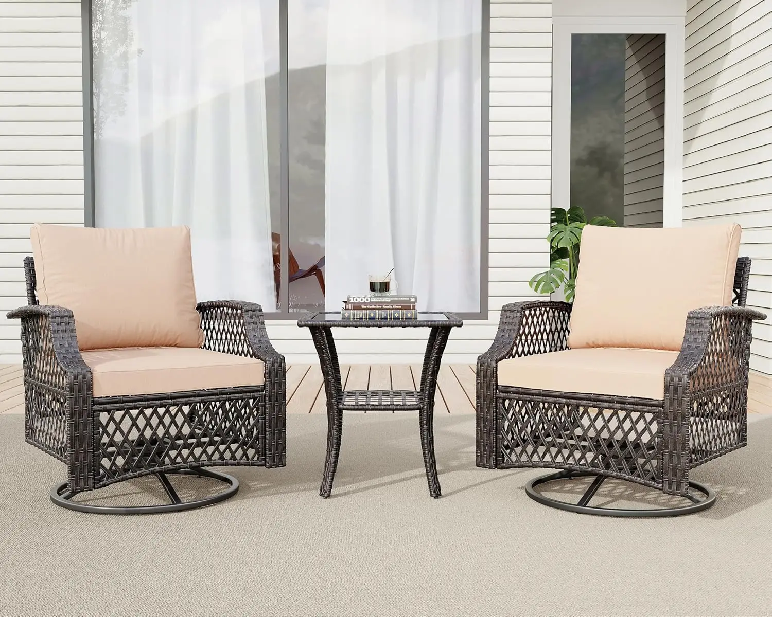 

3PC Outdoor Wicker Swivel Bistro Set Thickened Cushions Glass Coffee Table Deck Yard Garden Poolside, Customized