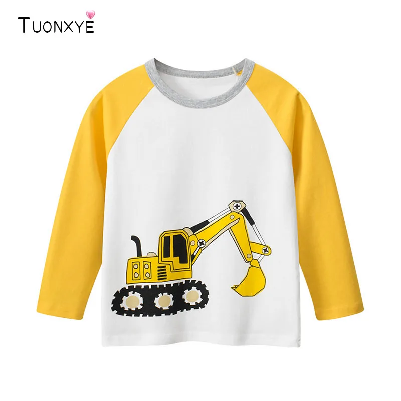 TUONXYE 2-9Years Cartoon Tractors Vehicle Baby Boys Long Sleeve T Shirts Spring Cute Comfortable Kid Top Clothes Cotton Clothing