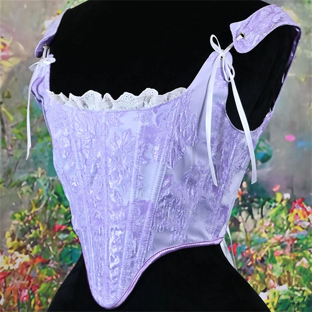 Women Light Purple Jacquard Corset Crop Tops Retro Shoulder Strap Lace Trim Body Shaper Bustier Camisole Lace-up Boned Bodices
