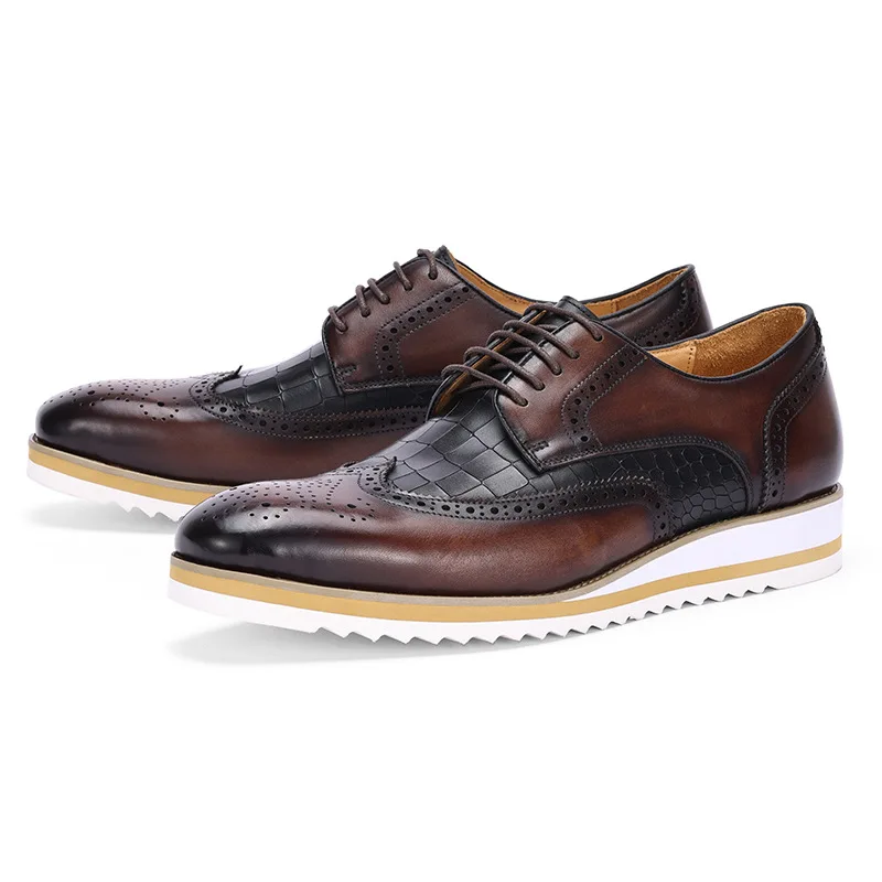 Luxury Men\'s Dress Sneakers Genuine Leather Italian Full Grain Cowhide Wingtip Brogue Oxfords Business Casual Formal Shoes