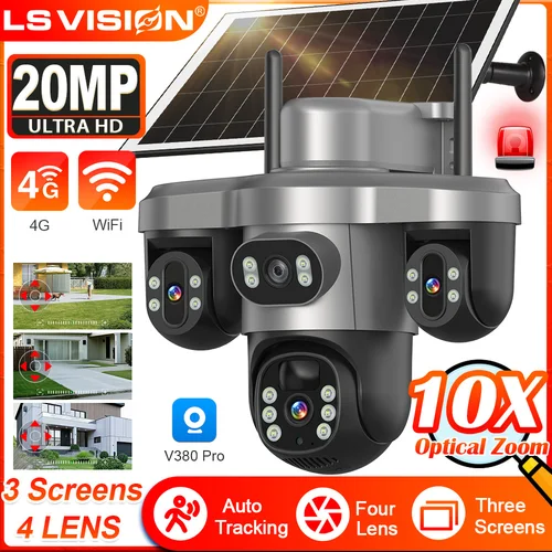 Imagen 1 del producto LS VISION 20MP 4G cámara Solar 4 lentes 3 pantallas 10X Zoom óptico cámaras de seguridad inalámbricas para exteriores seguimiento automático CCTV V380 Pro