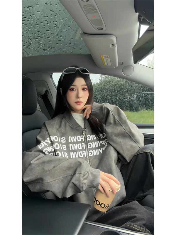 

American Retro Baseball Jaet for Men Spring Autumn Letter Print Cleanfit Jaet Couple Outerwear Warm Long Sve Zipper