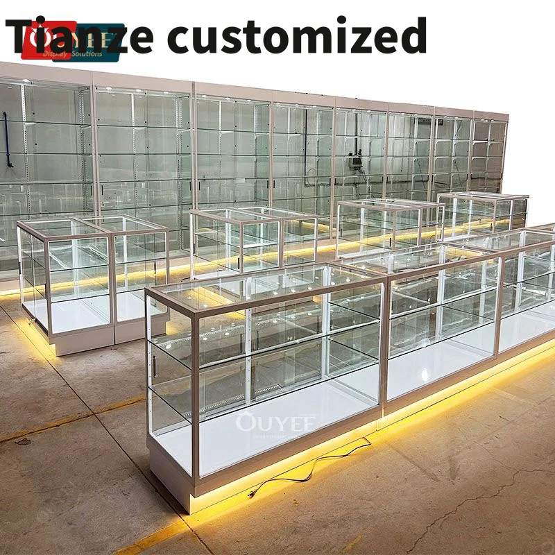 Customized-Smoke Shop Display Shelf Glass Cabinet Tall Wooden Cigar Display Cabinet Humidor Led Retail Display