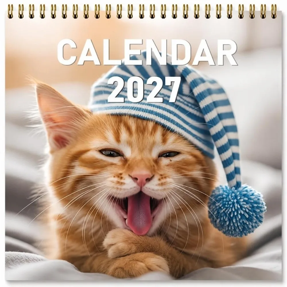 Creative Spiral Bound Cat Calendar Cat Theme Funny Print Wall Planner 12 Month Hanging Hole Wall Calendar For Festival Present
