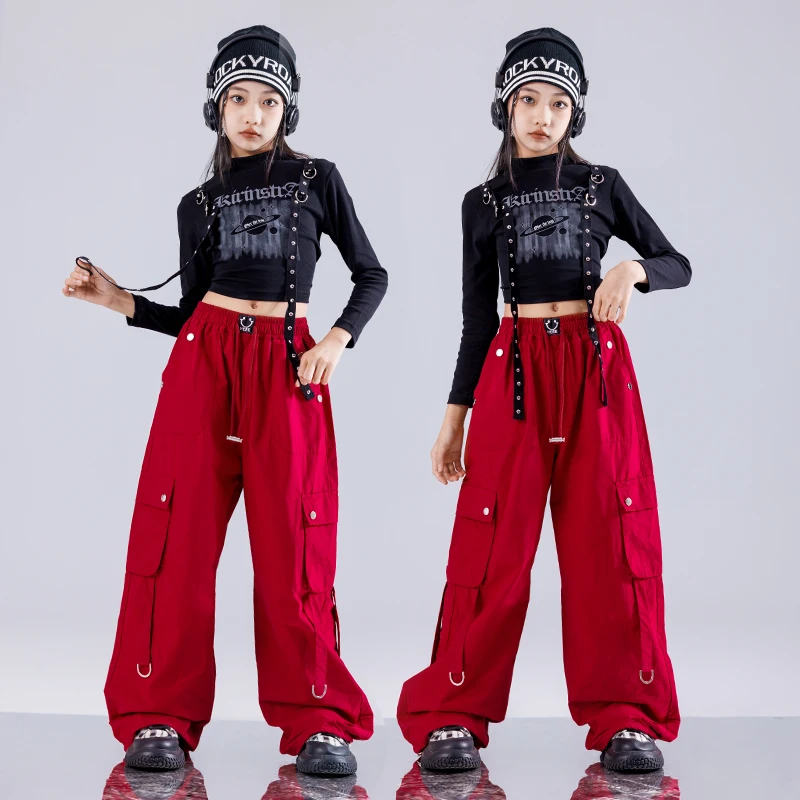 Kid Hip Hop Clothing Streetwear Shirt Black Casual Cargo Pants Strap Pleated Skirt for Girls Jazz Dance Show Costumes Clothes