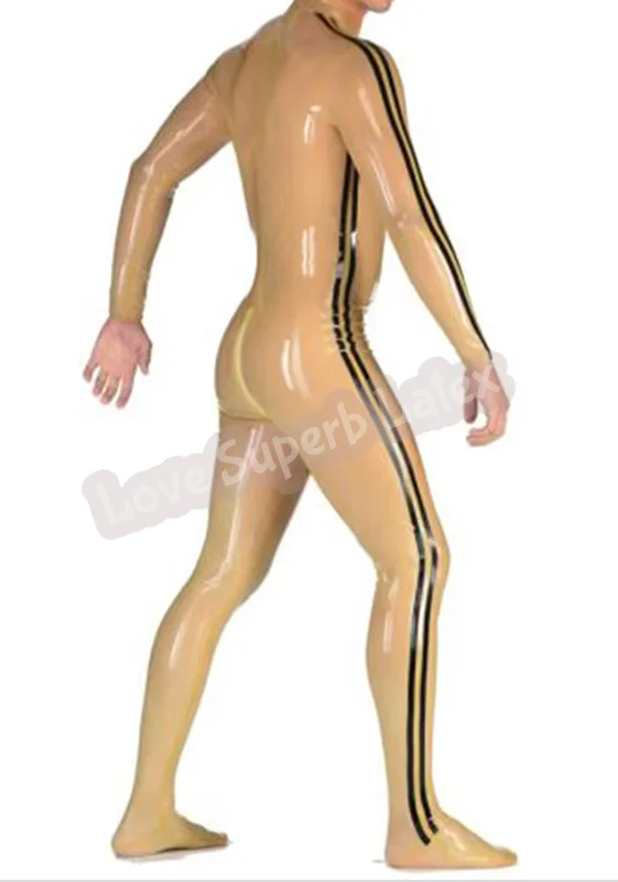 투명 라텍스 Catsuit 블랙 스트립 고무 catsuits 정장 블랙 트림 라인이있는 3 방향 지퍼 장갑 없음 후드 사용자 정의