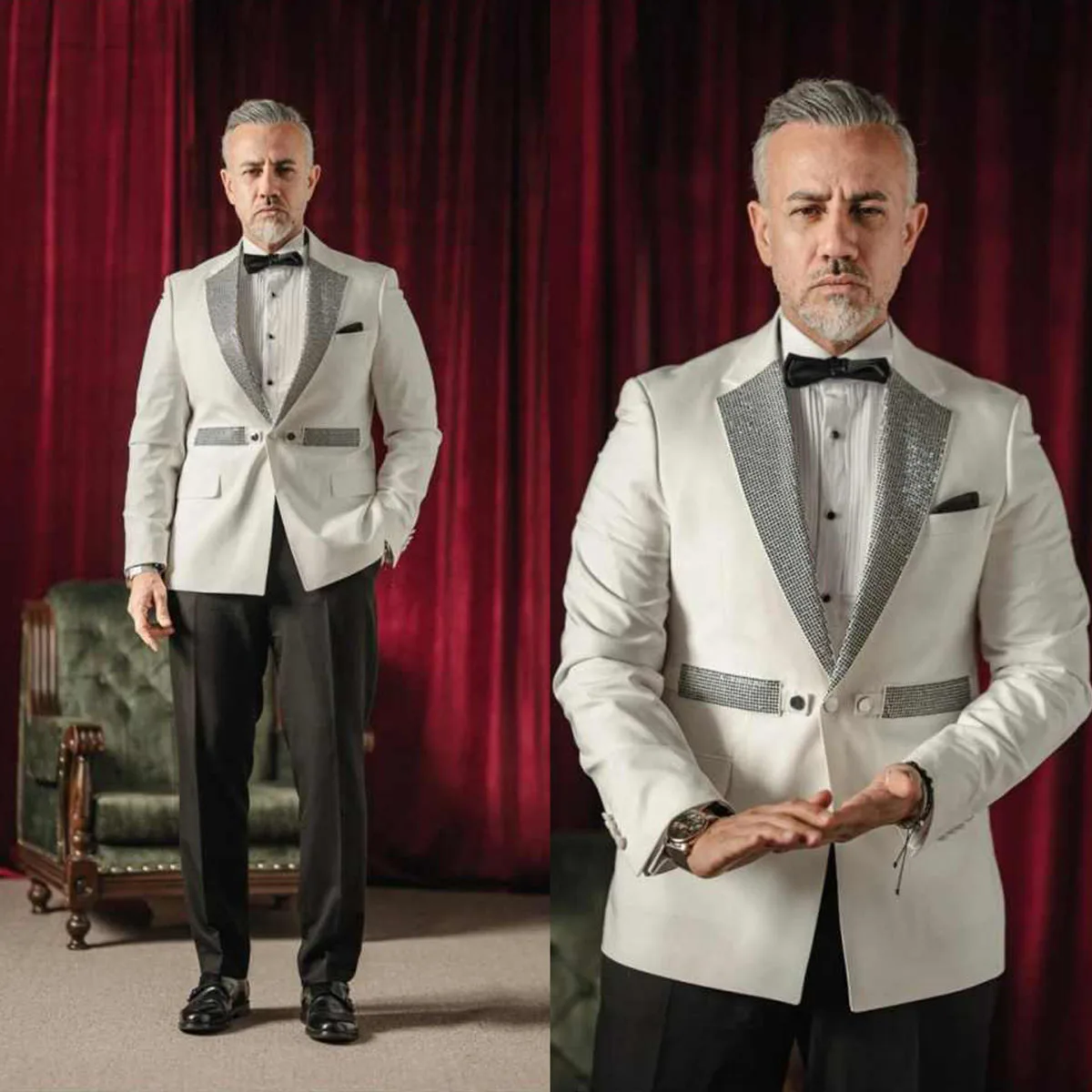 

Индивидуальный мужской костюм-смокинг с острыми лацканами, блестящий, стильный, с декоративными элементами, для свадьбы, комплект из 2 предметов, приталенный, для жениха, мужские пиджаки, Ropa hombre