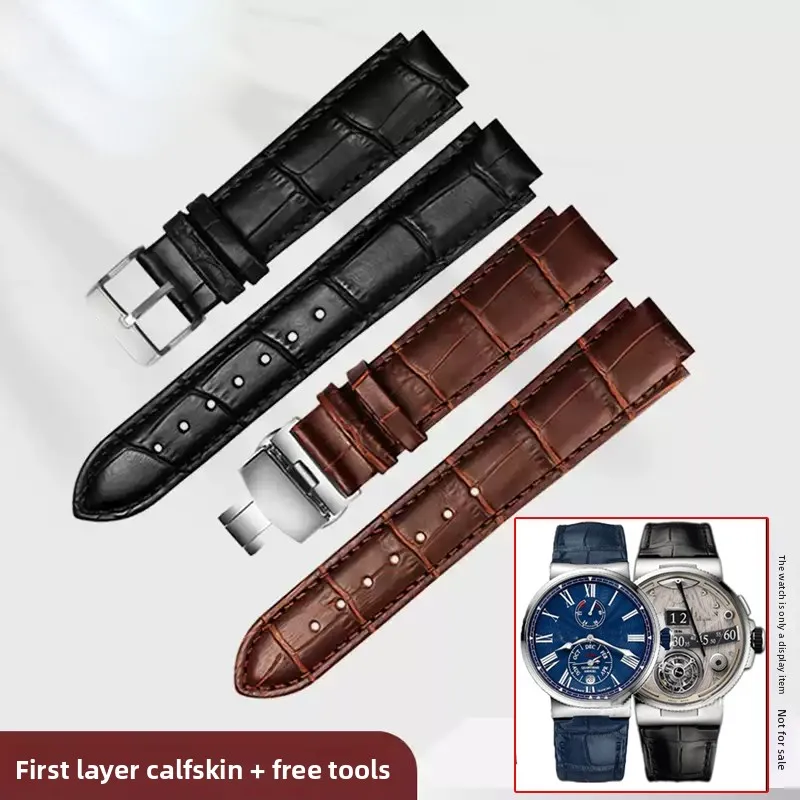 For Ulysse Nardin Marine 6300 263 6319 Men Women 22*10mm 24*12mm Convex Leather Watchband Blue Watch Strap Bracelet Accessories