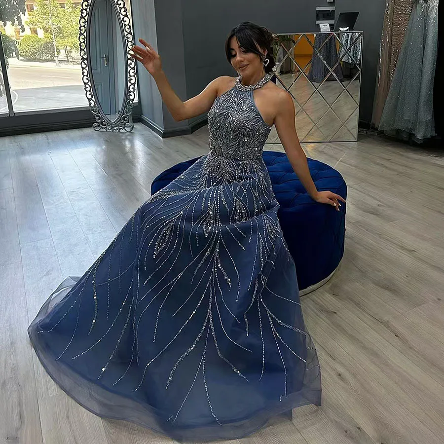 2025 Blue Elegant Sparkly Evening Dress Halter Beaded Sexy Sleeveless Backless Birthday Party Prom Dress Custom Vestidos De Gala