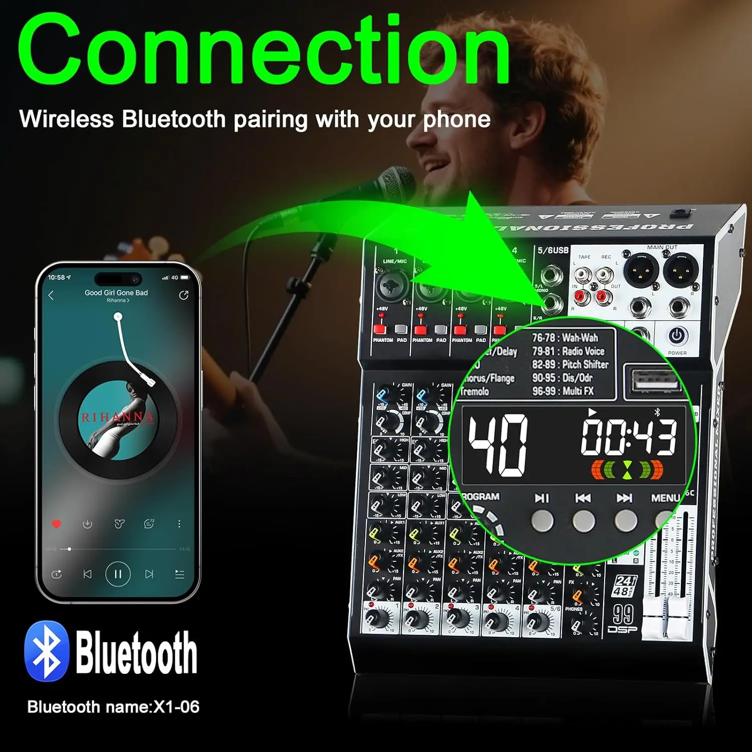4/6/8/10-Channel Audio Mixer with 99 DSP Effects Mixing Board Console Dj Mixer Effects Processors For MP3/USB/Flash Reader
