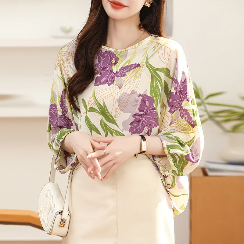 Women Summer Fashion Loose Printing Chiffon Appear Thin O-neck 3/4 Sleeve Shirts Women Clothes Casual All-match Office Lady Tops