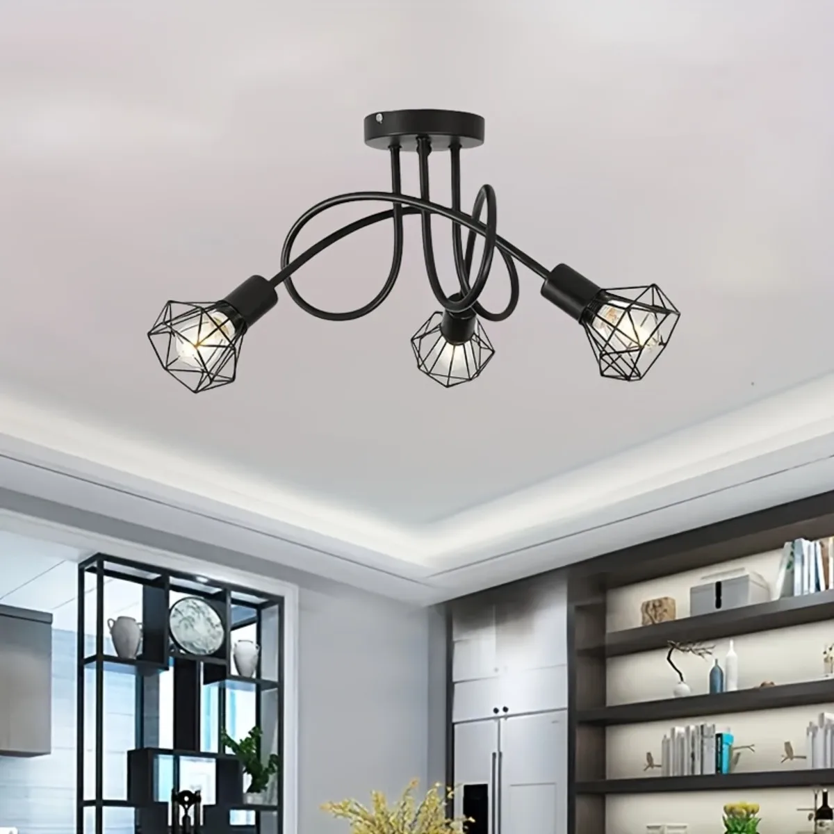 

Industrial 3 Heads Ceiling Lamp|Suspension Chandelier|Semi-Recessed E14 E27 Base|Black Metal Cage 3 Lights Ceiling Light Fixture