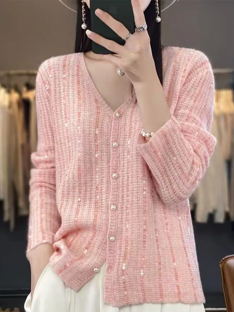 

Spring Autumn V-Ne Glitter Knitted Open Cardigan Women Loose Slimming Versatile Sweater Jaet Long Sve Outerwear Women