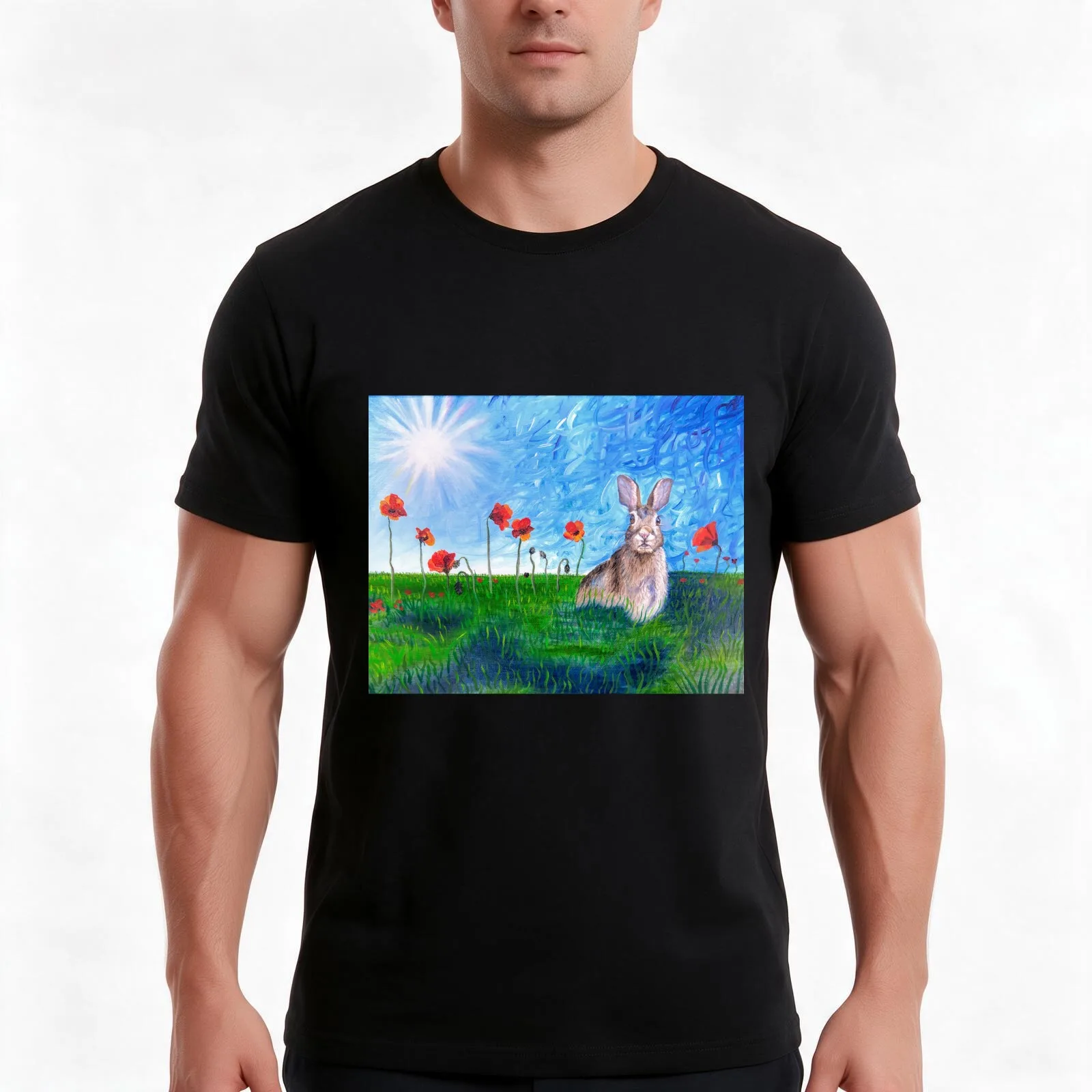 Rabbit in meadow T-Shirt, Summer Casual Cotton Tee, Oversized Streetwear Tops, Vintage Graphic Print, Loose Fit Short Sleeve